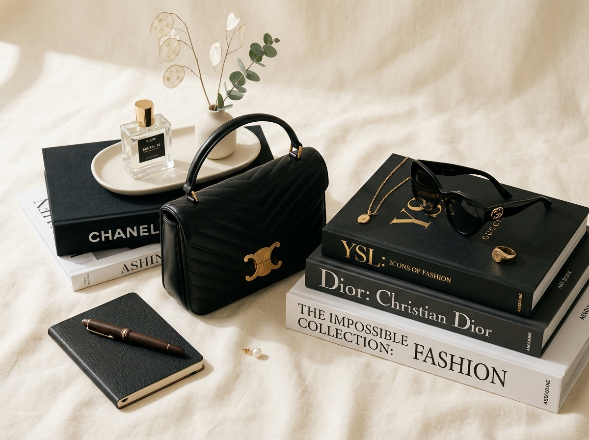 The 9-To-5 Edit Editorial Flat-lay with luxury handbag and fashion books