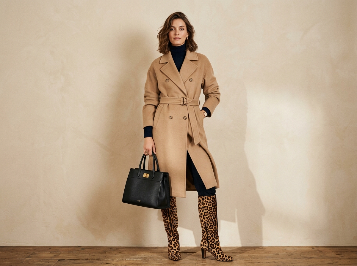 High-fashion model in camel coat and leopard print boots